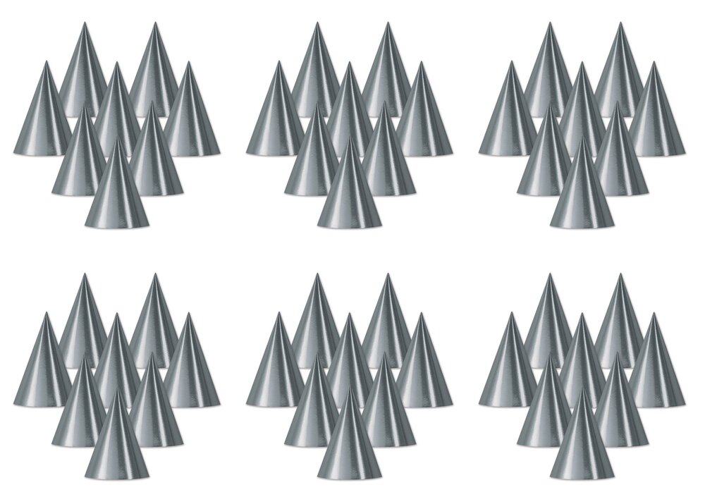 8911 Pack of 48 Silver Foil Cone Hats, Novelty Metallic Party Headware